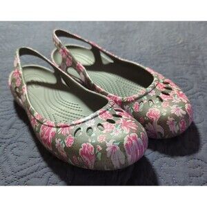 Crocs Kadee Ballet Flat Shoes Womens 10 Gray Floral Slingback Comfort Casual